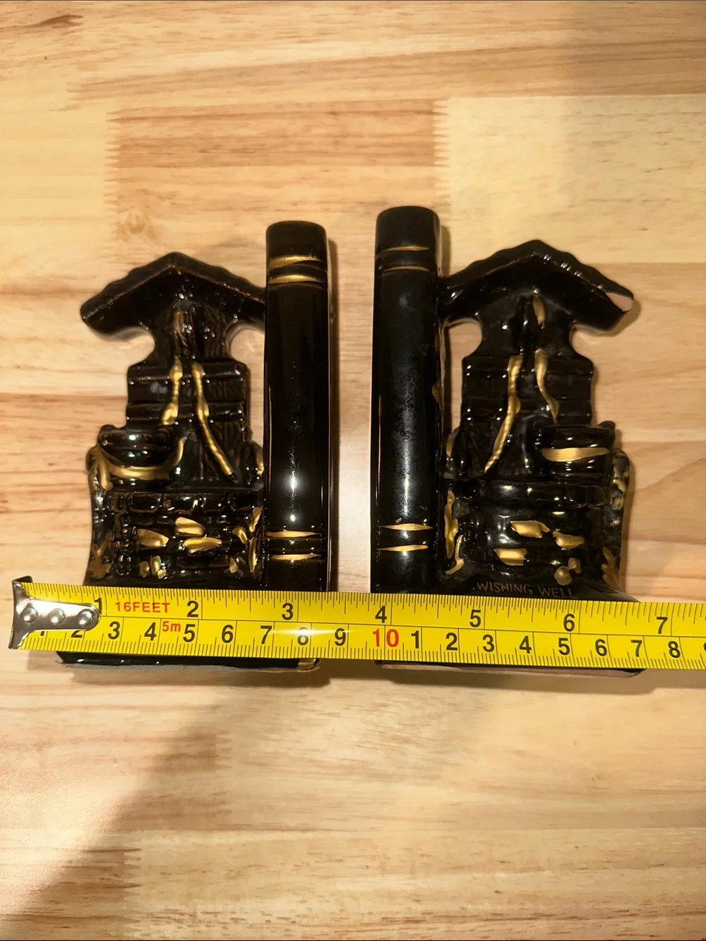 Vintage Mid Century Ceramic Wishing Well Bookends Pen Holders Japan Gold Accent